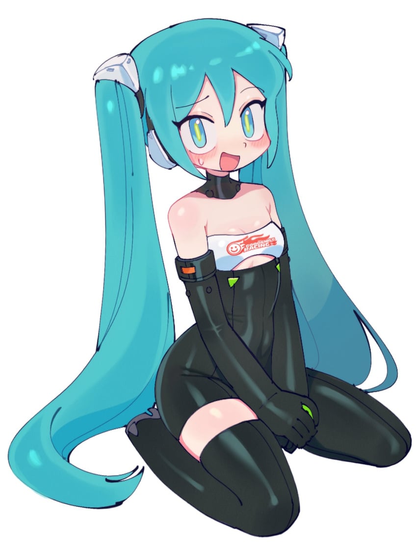 blush bodysuit breasts hatsune_miku latex nervous petite racing_miku robocomis skindentation small_breasts sweatdrop thighhighs uneven_legwear vocaloid