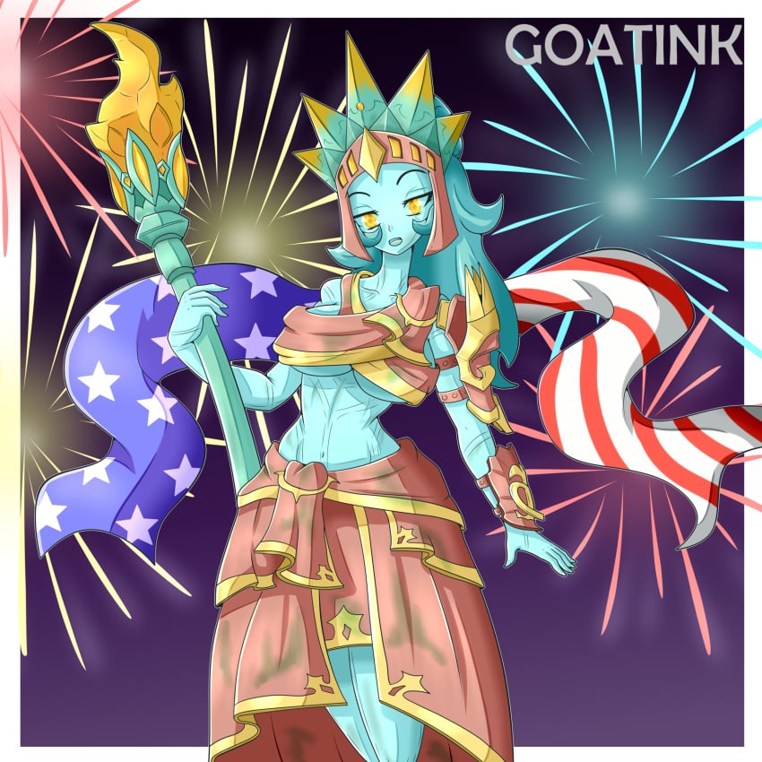 1girls 4th_of_july american_flag big_breasts blue_green_hair blue_hair blue_skin breasts cleavage crown female_only fine_art_parody fireworks fourth_of_july goatink hair inara_(paladins) lady_liberty midriff navel paladins public_domain skirt staff statue_of_liberty torch underboob yellow_eyes