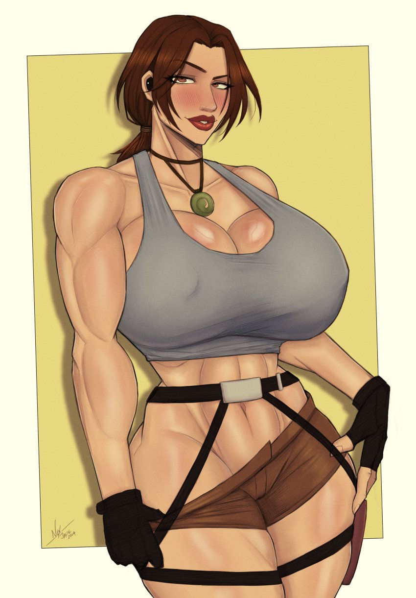 1girls 2d 2d_(artwork) amulet artist_signature bare_shoulders belt big_breasts big_lips black_gloves blush breasts brown_eyes brown_hair brown_shorts brunette_hair cleavage clenched_teeth clothes_pull collar covered_nipples earphones female female_only fingerless_gloves gloves grey_tank_top groin harness hourglass_figure jewelry lara_croft light-skinned_female light_skin lipstick looking_at_viewer low_ponytail mature_female midriff muscle muscles muscular muscular_arms muscular_female narrow_waist navel necklace nexjade open_mouth pendant ponytail pulling_own_clothes red_lipstick shorts shorts_pull sideboob sidelocks simple_background slim_waist solo tank_top thick_thighs thighs tomb_raider wireless_earphones