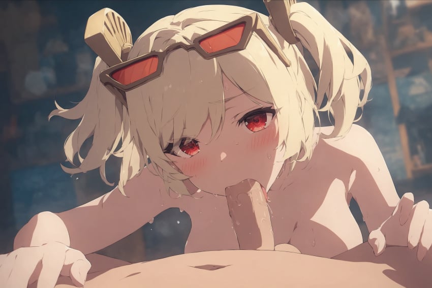 ai_generated big_breasts breasts burnice_white eyewear_on_head fellatio from_below highres indoors koinaart leaning_forward looking_at_viewer nipples oral penis red_eyes saliva short_twintails stable_diffusion sunglasses tagme tongue tongue_out twintails zenless_zone_zero