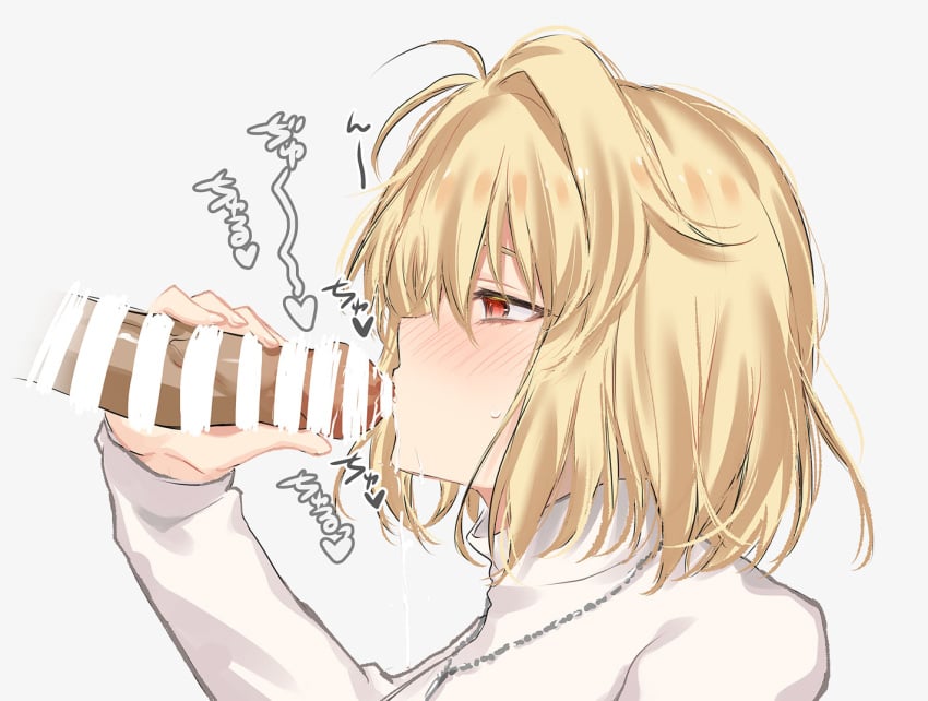 1boy arcueid_brunestud bar_censor blonde_hair blush censored commentary_request cum cum_on_body dainatsu facial female handjob jewelry licking oral pendant red_eyes short_hair simple_background solo_focus sweater tsukihime tsukihime_(remake) upper_body white_background white_sweater