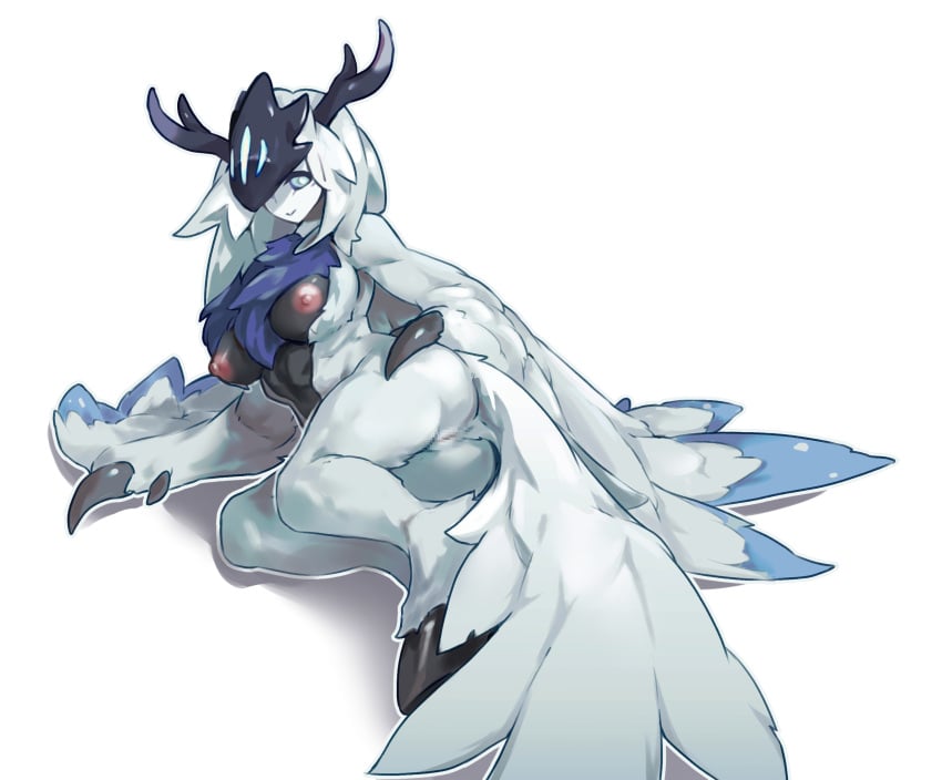 animal_feet animal_hands anus ass blue_sclera body_fur breasts censored claws colored_sclera completely_nude digitigrade dragon_girl dragon_tail dragon_village_(series) dragon_village_collection dragon_wings feathered_wings female frozen_(dragon_village_collection) full_body hand_on_own_hip highres hooves large_breasts long_hair looking_at_viewer lying mask monster_girl mosaic_censoring neck_fur nipples nude old-night on_side personification pussy simple_background smile solo tail tail_anus white_background white_eyes white_fur white_hair winged_arms wings