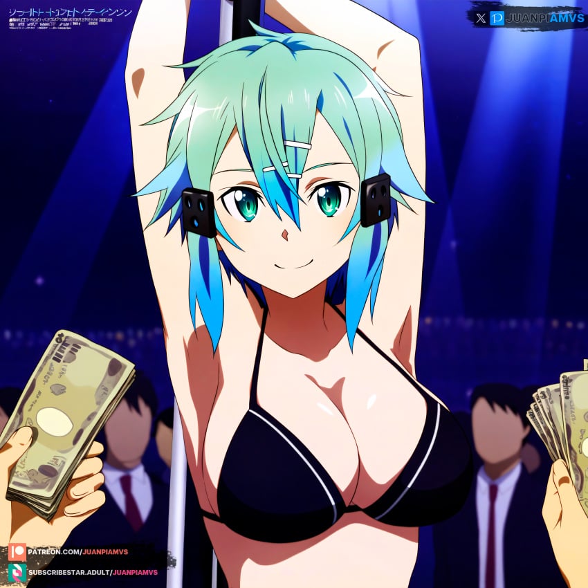 ai_generated asada_shino big_breasts bikini blue_eyes blue_hair curvy curvy_figure dancing female female female_only hair_ornament juanpiamvs looking_at_viewer money patreon patreon_username pole pole_dancing public short_hair sinon smiling subscribestar subscribestar_username sword_art_online watermark