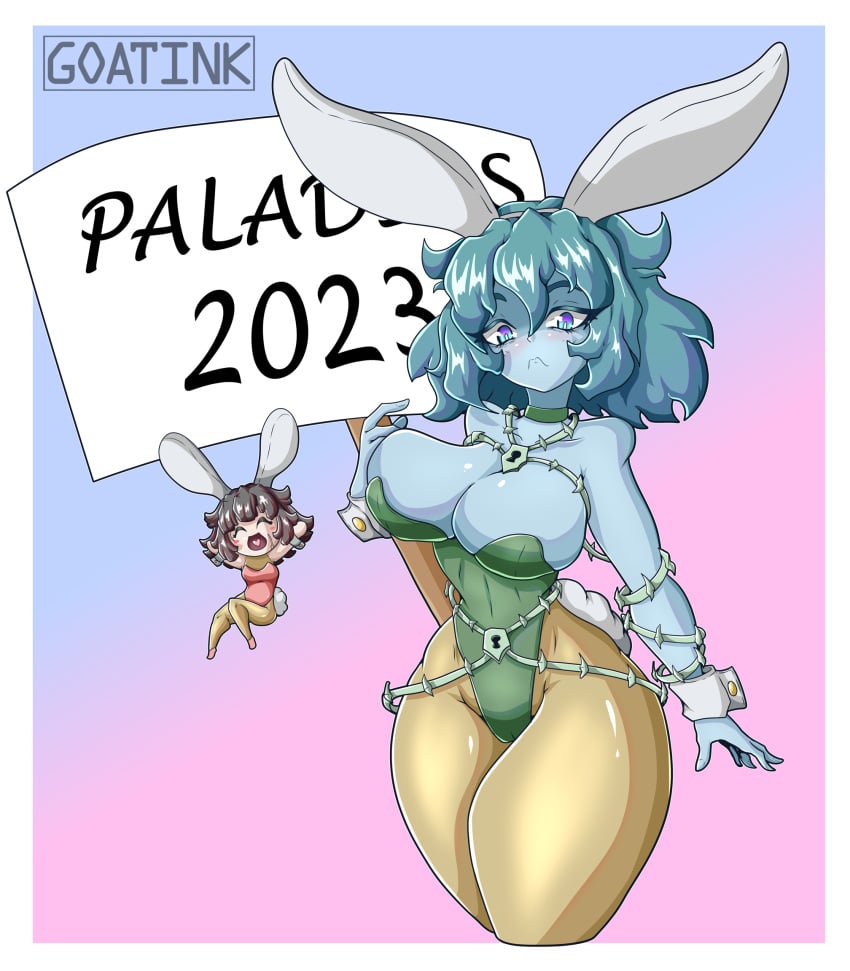 2023 big_breasts black_hair black_sclera blue_eyes blue_hair breasts bunny_ears bunnysuit chin_length_hair cleavage dark_blue_hair doll eyelashes ghost ghost_girl goatink hair kasumi_(paladins) leggings leotard mascara_tears paladins runny_makeup thick_thighs thighs