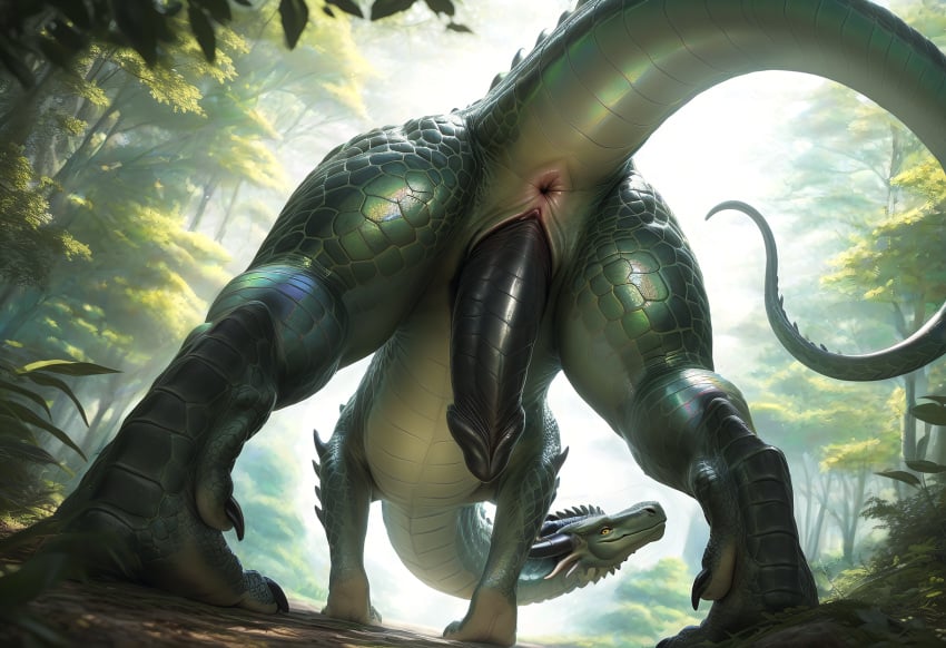 ai_generated animal_genitalia anus ass_up black_horn black_penis claws detailed detailed_anus detailed_penis detailed_scales dragon feral forest genital_slit genitals green_body green_scales head_down hi_res horn light long_neck looking_at_viewer looking_back looking_back_at_viewer low-angle_view male male_only multicolored_body multicolored_scales on_all_fours penis plant polar_(director) raised_tail rear_view ridged_penis scales slit smile solo spikes spikes_(anatomy) spread_legs spreading sunlight tree two_tone_body two_tone_scales wingless_dragon worm's-eye_view yellow_eyes