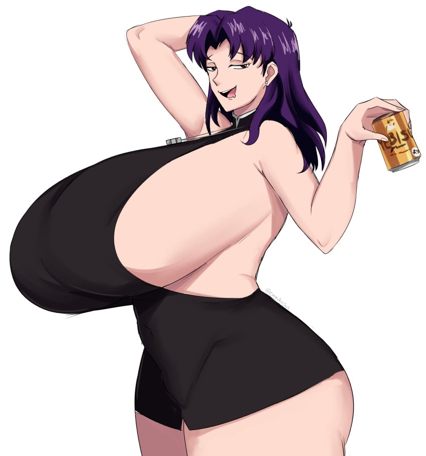 1girls alcohol alcoholic_drink anime beer big_breasts black_dress breasts dress drink drunk drunk_female emmarrgus female female_focus female_only hyper light-skinned_female light_skin looking_at_viewer manga mature mature_female mature_woman misato_katsuragi neon_genesis_evangelion older_female purple_eyes sideboob solo solo_female solo_focus tight_clothing