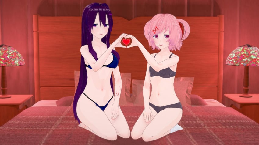 2girls 3d before_sex bra doki_doki_literature_club female female_only heart heart_hands heart_hands_duo heart_symbol human human_only imminent_sex light-skinned_female light_skin looking_at_viewer multiple_girls natsuki_(doki_doki_literature_club) on_bed panties quarantine69 underwear yuri_(doki_doki_literature_club)