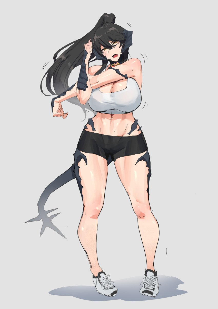 abs au_ra black_hair final_fantasy final_fantasy_xiv horns ponytail sapphira_nyx scales sports_bra sportswear stormcow stretching tail yellow_eyes