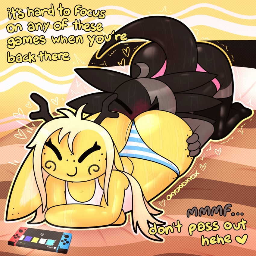 ass_eating axolotl bed bedroom blonde_hair blush dumptruck_ass eating_ass femboy femboy_on_femboy gaming happy happy_sex huge_ass licorice_(oxyoxyoxyox) massive_ass nintendo_switch oxyoxyoxyox rimming smile talking_to_another talking_to_partner thick_thighs toffee_(oxyoxyoxyox)