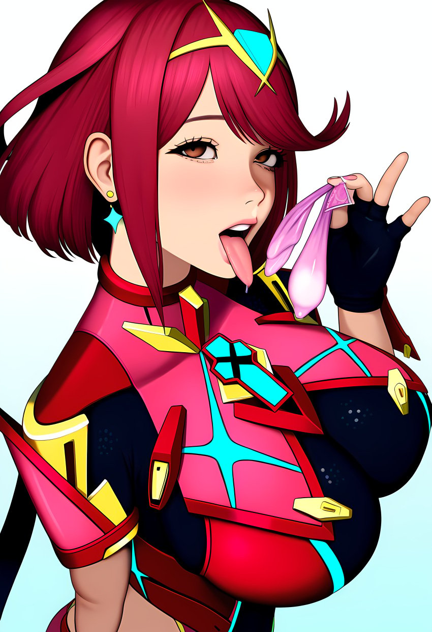 ai_generated big_lips holding_condom holding_used_condom horny_female huge_breasts licking_condom pink_lips pyra pyra_(xenoblade) tongue_out used_condom