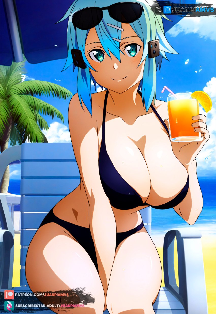 ai_generated asada_shino beach beach_chair beach_umbrella big_ass big_breasts blue_eyes blue_hair blush clouds curvy curvy_figure drink drinking female female female_only hair_ornament juanpiamvs looking_at_viewer palm_tree patreon patreon_username sea seaside short_hair sinon sitting sitting_on_chair sky smiling subscribestar subscribestar_username sunglasses sunglasses_on_head sword_art_online watermark