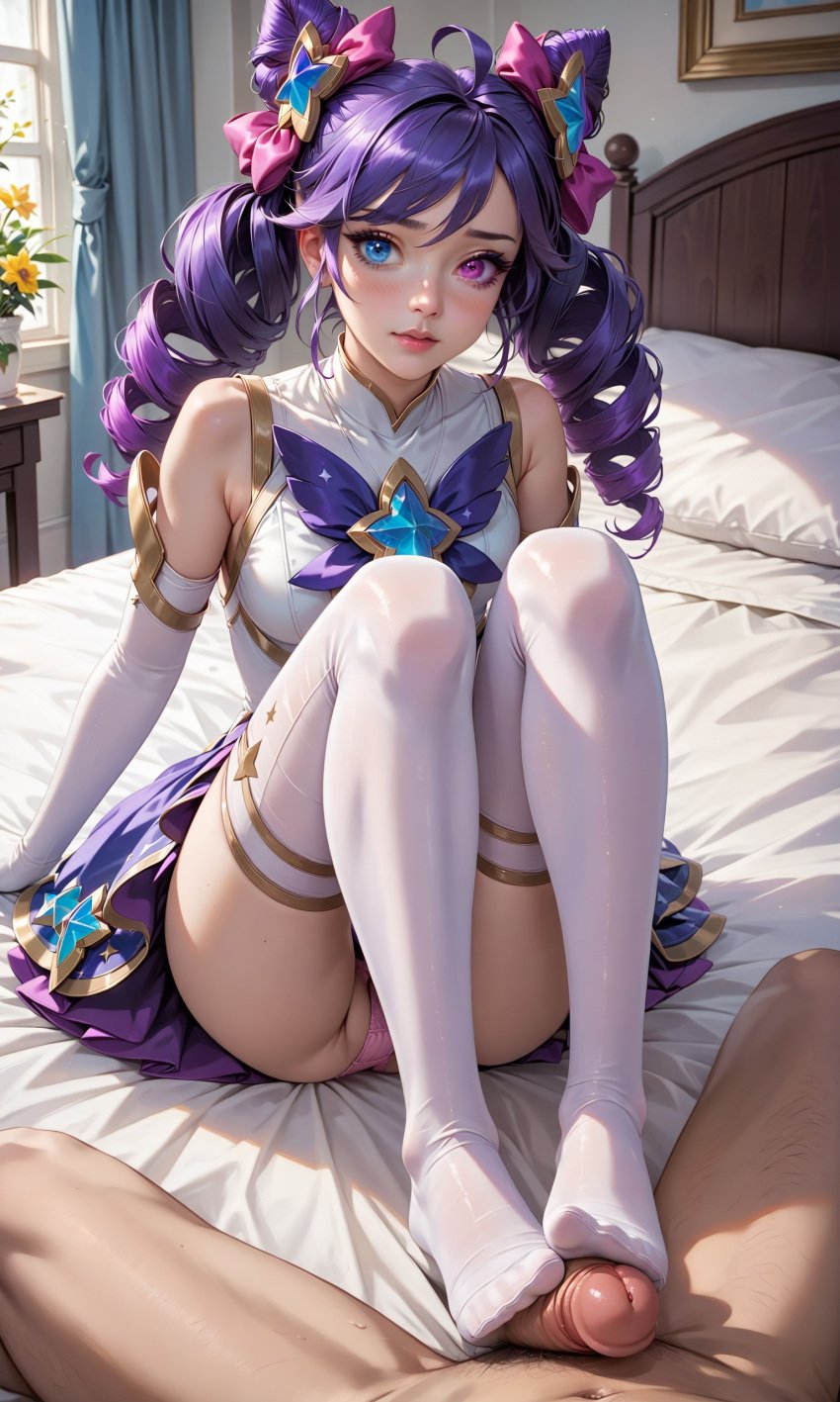 ai_generated blue_eyes footjob footjob_with_legwear gwen_(league_of_legends) heterochromia league_of_legends pink_eyes purple_hair riot_games star_guardian_gwen star_guardian_series thighhighs