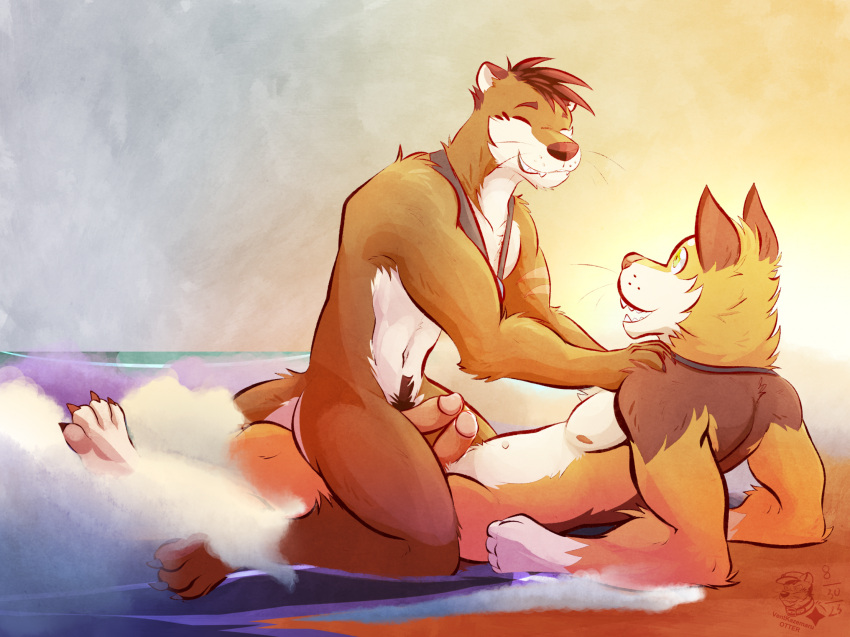 anthro beach beach_sex canid canine duo erection fox frottage genitals happy hi_res humanoid_genitalia humanoid_penis male male/male mammal mustelid otter penile penis sex tips_touching ventkazemaru water