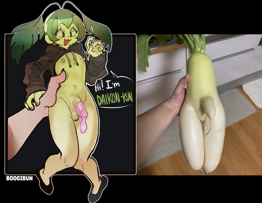 1boy balls boogibun condom cum daikon-kun femboy holding holding_object male nude onion penis silly tagme tiny vegetable