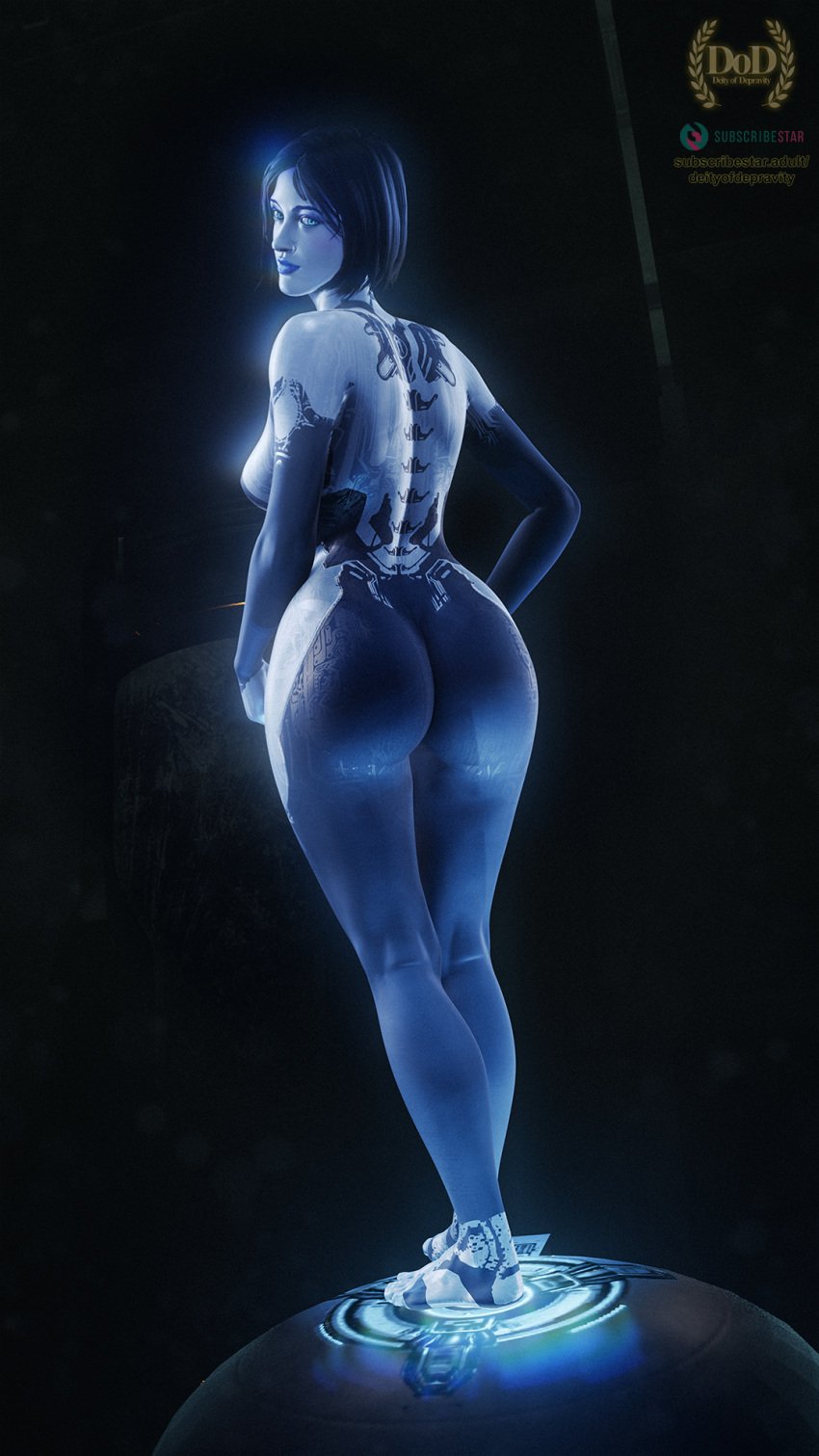 1girls big_ass big_breasts blue_body breasts cortana deityofdepravity from_behind glowing halo halo_(series) halo_4 hands_on_hips hologram looking_at_viewer looking_back pinup sideboob smiling standing tagme