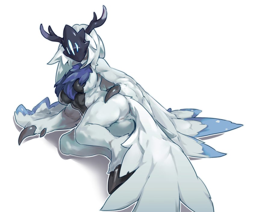 animal_feet animal_hands anus ass body_fur breasts censored claws completely_nude digitigrade dragon_girl dragon_tail dragon_village_(series) dragon_village_collection dragon_wings facing_viewer feathered_wings female frozen_(dragon_village_collection) full_body hand_on_own_hip highres hooves large_breasts long_hair lying mask monster_girl mosaic_censoring neck_fur nude old-night on_side personification pussy simple_background solo tail tail_anus white_background white_fur white_hair winged_arms wings