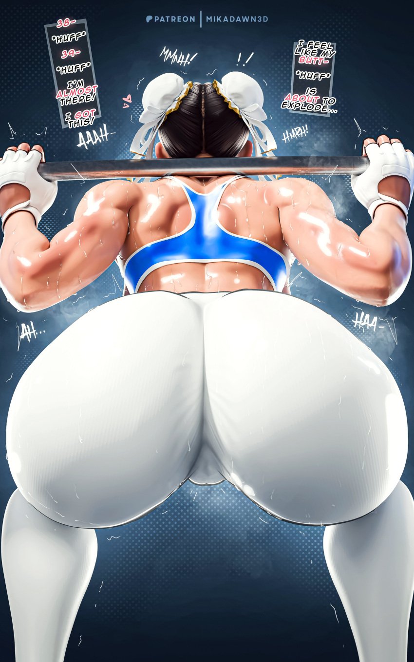 3d asian asian_female ass ass_focus athletic_female big_ass chun-li dat_ass huge_ass mature_female mikadawn milf muscular_female street_fighter street_fighter_6 sweat sweatdrop sweating text thick_thighs weights workout