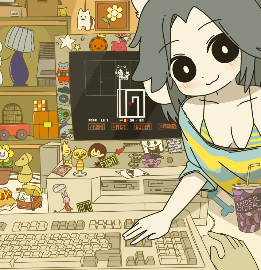 anthro ass_up black_bra blush bra breasts cleavage clothed clothing doremifaso64 female keyboard pov room tagme tail temmie_(undertale) toby_fox undertale undertale_(series)