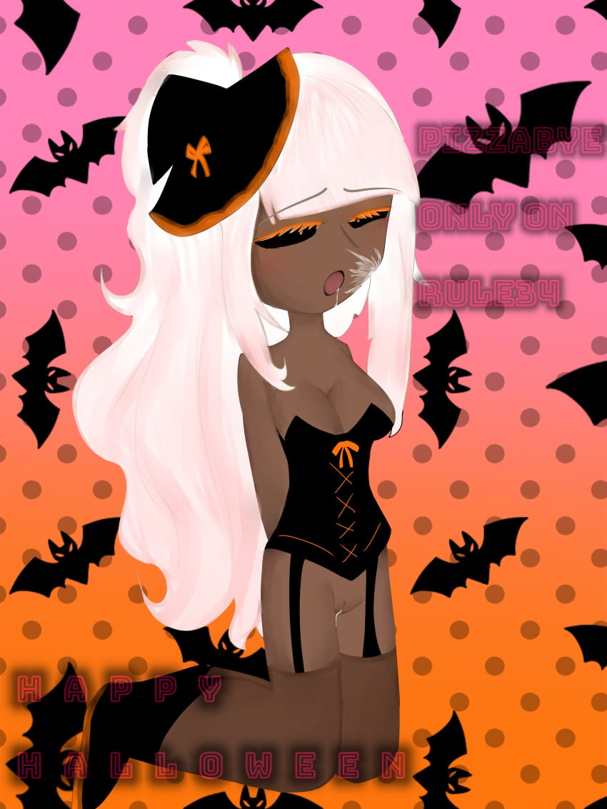 black_clothing black_eyes breasts cum cum_in_pussy cum_on_face demon demon_girl female female_demon female_focus female_human female_only gacha gacha_art gacha_club gacha_heat gacha_life halloween halloween_costume halloween_theme no_human no_panties oc open_mouth orange_background original original_art original_artwork original_character original_characters original_female_character pink_background pussy sex_slave solo white_hair witch_costume witch_hat