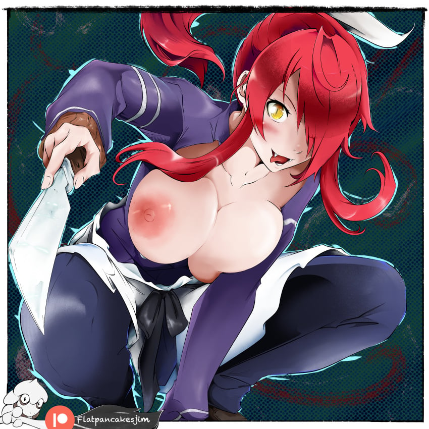 boobs_out breast_squeeze breasts_out crouching flatpancakes highres kitchen_utensils knife kobayashi_rindou large_breasts looking_at_viewer nipples open_shirt patreon_username ponytail red_hair shokugeki_no_souma tits_out