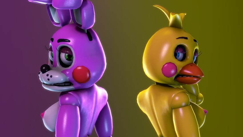 3d 4k back back_view bedroom_eyes bird bird_girl blue_eyes bunny bunny_ears bunny_girl disboi215 five_nights_at_freddy's five_nights_at_freddy's:_sister_location five_nights_at_freddy's_2 fnaf green_eyes hands_behind_head highres looking_at_viewer looking_back oc pink_body pink_cheeks pink_nipples red_cheeks rosy_cheeks sfm shiny_body shiny_skin sideboob source_filmmaker toy_bonnet_(fnaf) toy_chica_(fnaf) white_body yellow_body