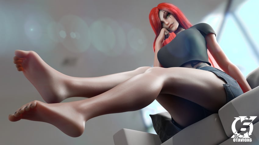 3d black_shirt casual feet feet_fetish feet_focus feet_up female female_only green_eyes katarina_du_couteau league_of_legends light-skinned_female otaviox6 red_hair riot_games sitting smiling solo_female