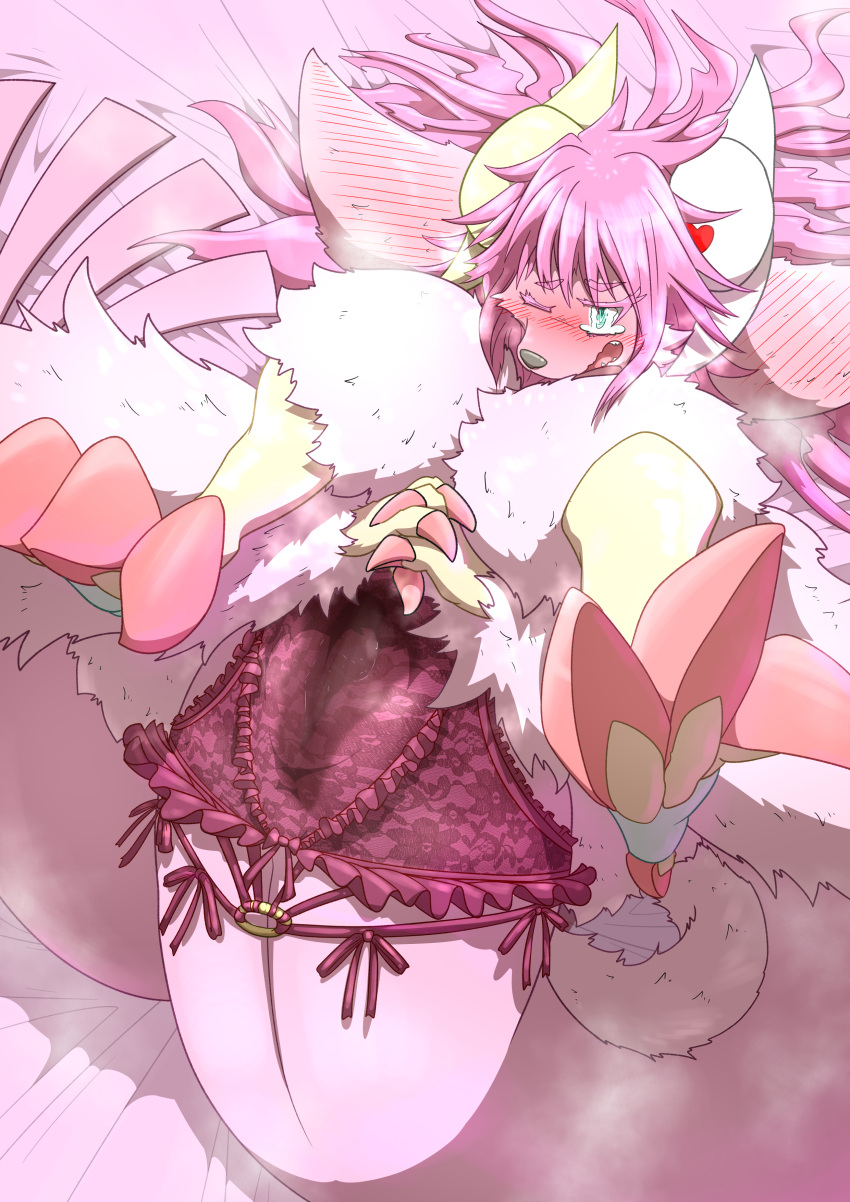 absurd_res animatronic anthro big_ears blue_eyes blush bodily_fluids clothing curled_horn dragonewt embarrassed female fur genital_fluids hair hi_res horn machine mttbsmn muse_meant_777 open_mouth pink_body pink_fur pink_hair robot solo tears underwear