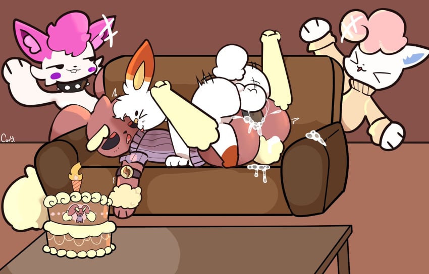 alolan_form alolan_vulpix anthro birthday birthday_cake bodily_fluids cake cheering cum cum_inside cum_on_sofa dessert drawcat13 female food from_front_position furniture generation_4_pokemon generation_7_pokemon generation_8_pokemon genital_fluids gift group hi_res lone_(kyubeans) lopunny maestro_(thefluffmaestro) male male/male male_only mating_press mega_stone nintendo pachirisu pink_(tinks) pokemon pokemon_(species) regional_form_(pokemon) scorbunny sex sofa solaris_(btwalexhere)