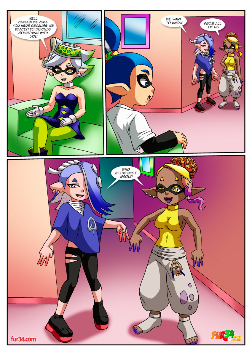 1boy 3girls bbmbbf comic female frye_(splatoon) fur34 inkling inkling_boy john_(splatoon) male marie_(splatoon) nintendo palcomix shiver_(splatoon) splatoon splatoon_3 tricolor_turf_war_(comic)