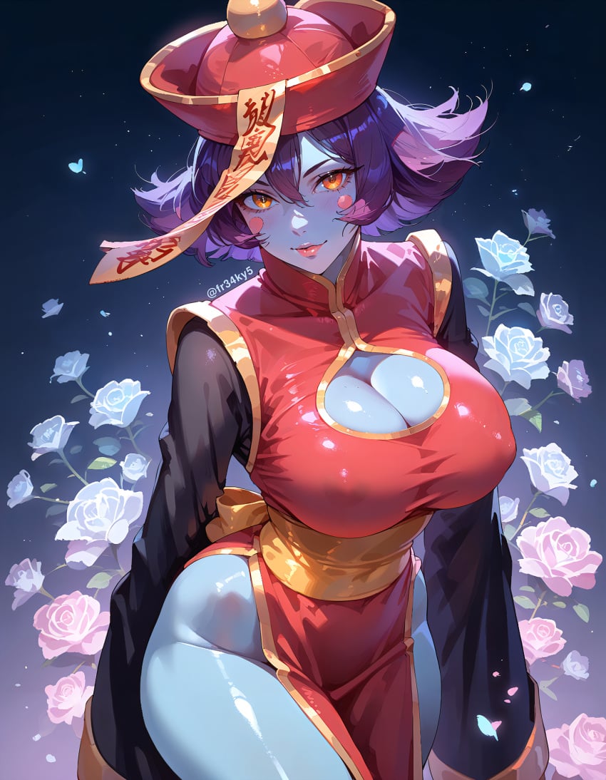 ai_generated blue_skin chinese_clothes cleavage darkstalkers fr34ky hsien_ko huge_breasts lei-lei lei_lei