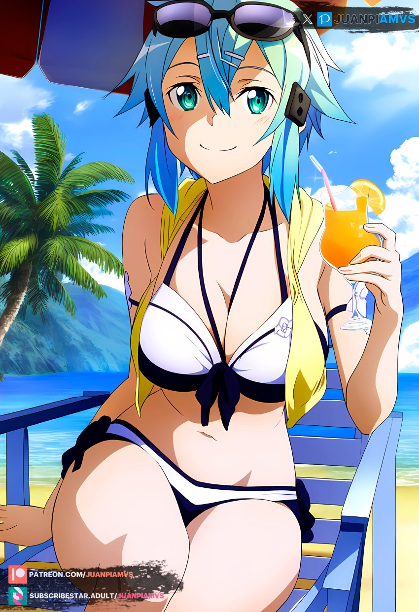 ai_generated asada_shino beach beach_chair beach_umbrella big_ass big_breasts bikini blue_eyes blue_hair curvy curvy_figure drinking female female female_only hair_ornament juanpiamvs palm_tree patreon patreon_username sea seaside short_hair sinon sitting sitting_on_chair smiling subscribestar subscribestar_username sunglasses sunglasses_on_head sword_art_online watermark