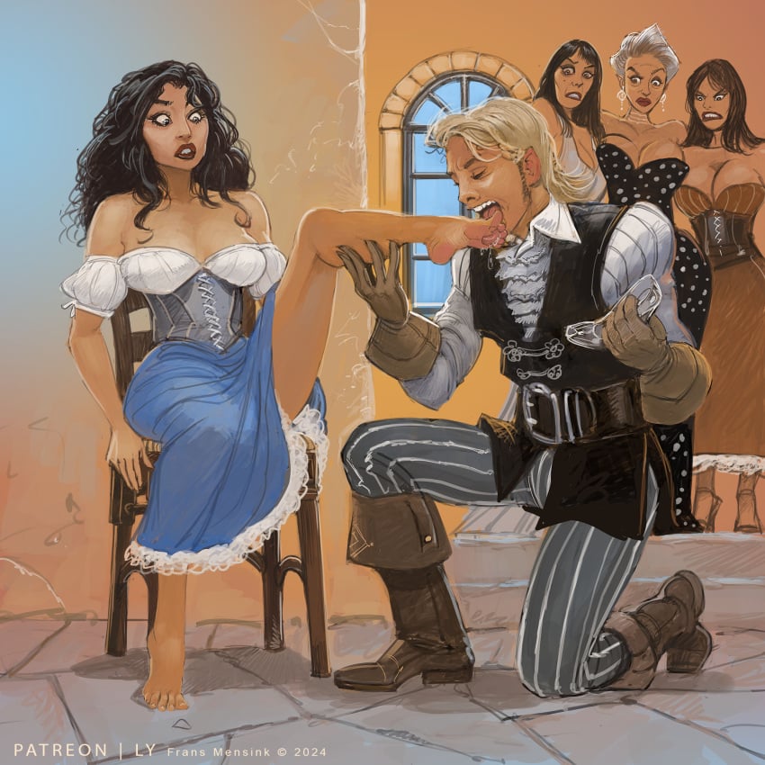 1boy 3girls being_watched black_hair blonde_hair cinderella cinderella_(fairy_tales) cleavage digital_media_(artwork) disgusted fairy_tales feet feet_up female foot_fetish frans_mensink glass_slipper hetero hi_res kneeling licking licking_feet light-skinned_female light-skinned_male light_skin literature male no_sex nude nude_female prince_charming sexually_suggestive sfw sfw_version shocked shocked_expression sitting soles stepmother stepmother_and_stepdaughter stepsister straight surprise surprised watching wavy_hair