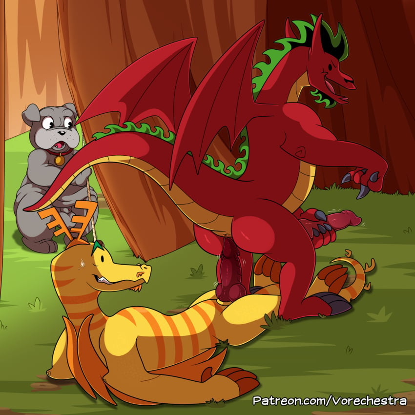 american_dragon:_jake_long animal_genitalia anthro anthro_only anus ass balls bodily_fluids canid canine canis collar digital_media_(artwork) disney domestic_dog dragon erection fred_nerk fu_dog_(character) gay genitals grass group hi_res jake_long knot knotted_penis long_penis male male/male mammal mastiff masturbation membrane_(anatomy) membranous_wings molosser mythological_creature mythological_scalie mythology nude on_bottom on_top patreon penile penile_masturbation penis plant raised_tail red_body reverse_cowgirl_position scalie sex sheath smile sweat sweatdrop tail text trio url vorechestra wings yellow_body