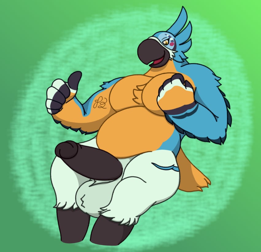 anthro avian ball_tuft balls beak big_balls big_pecs big_penis black_penis blue_body breath_of_the_wild chest_tuft erection facial_markings feathers genitals gesture hand_gesture hand_on_chest head_markings hi_res kass_(tloz) male male_only markings multicolored_body nintendo nude nude_male open_mouth orange_body pecs penis rito sole_male solo tail the_legend_of_zelda thumbs_up tongue tuft waniiime_(artist) white_body yellow_eyes