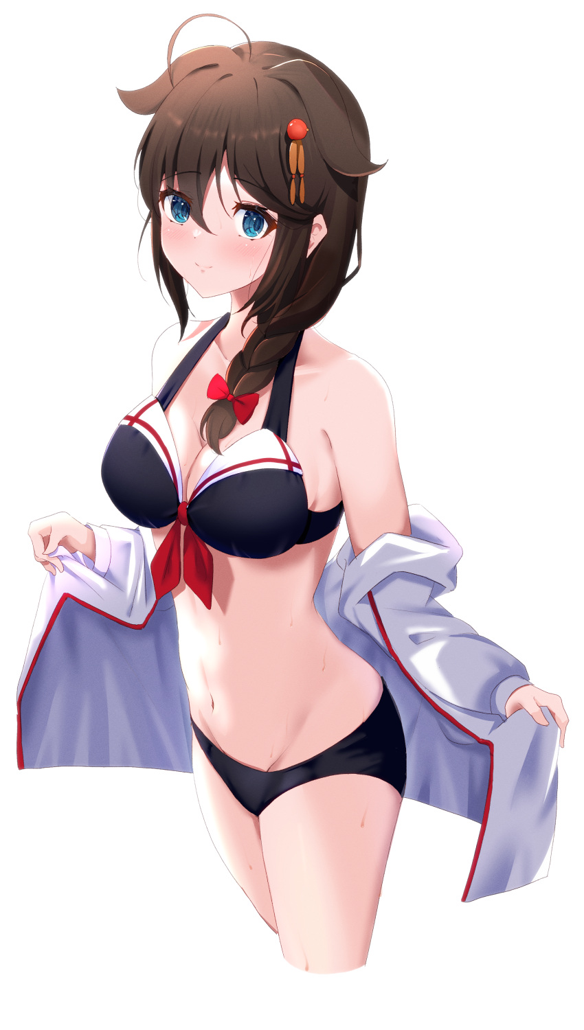 absurdres adapted_costume black_panties blue_eyes bow bra braid breasts brown_hair female highres kantai_collection long_hair panties red_bow red_ribbon ribbon shigure_(kantai_collection) simple_background single_braid swimsuit toketa-sekai underwear white_background