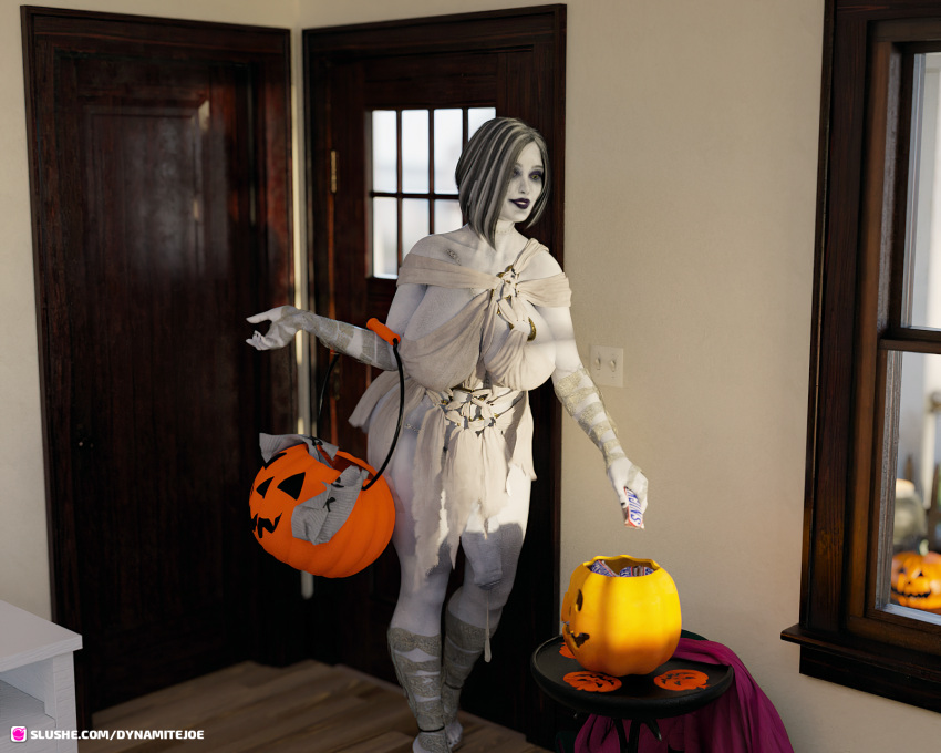 1futa 2020 3d black_hair clothed clothing cum_drip dynamitejoe futa_only futanari gray_body grey_body halloween huge_breasts indoors massive_penis pale-skinned_futanari short_hair slushe_(website) smile solo solo_futa white_body white_skin