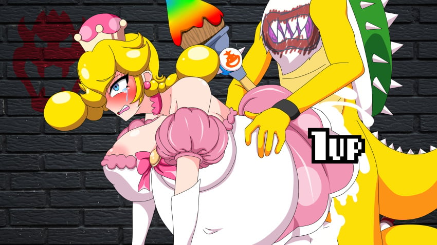 1boy 1girls 1up aged_up bandana belly_bulge big_breasts black_wrist_cuffs black_wristband blonde_hair blue_eyes bow bowser_jr. breasts bulge_through_clothing choker cleavage cumflation doggy_style dress earrings elbow_gloves exposed_shoulders eyebrows_visible_through_hair female femsub fucked_from_behind gloves green_shell huge_breasts inflation light-skinned_female light_skin male/female maledom mario_(series) mouth_open new_super_mario_bros._u_deluxe nintendo paintbrush peachette rape sex_from_behind spiky_shell spiky_tail super_crown super_mario_bros. tearing_up tears tears_of_pleasure thighhighs toadette twintails vaginal_penetration xml_xrossover(artist) yellow_skin