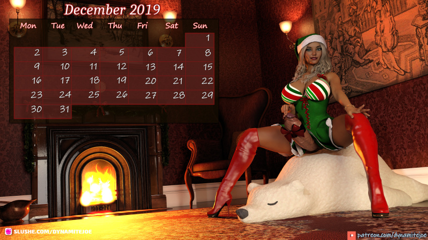 1futa 1girls 2019 3d blonde_hair boots calendar christmas christmas_outfit circumcised clothed clothing curvy dynamitejoe english_text erect_penis erection fireplace frenulum_attached futa_only futanari high_heel_boots high_heels indoors large_breasts large_penis looking_at_viewer massive_penis red_boots red_high_heels seated sitting slushe_(website) solo solo_futa spread_legs