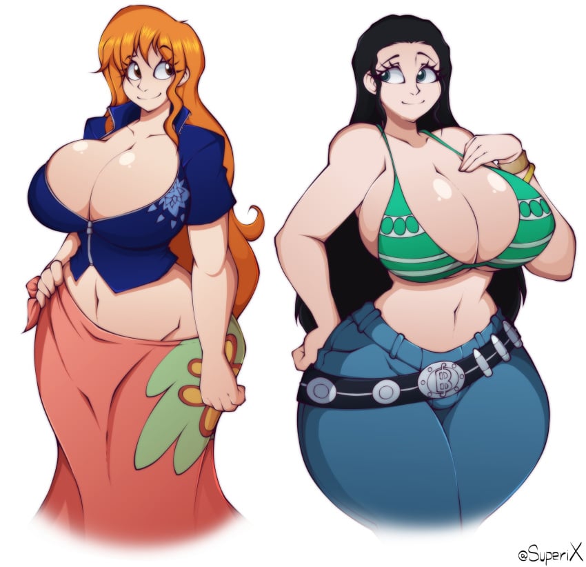 2019 2girls 4k absurd_res artist_name bikini black_hair breasts breasts_bigger_than_head brown_eyes busty cleavage clothing_swap cosplay costume_switch curvy curvy_female digital_media_(artwork) duo duo_focus eyelashes female female_focus female_only green_eyes hand_on_hip hi_res hips hourglass_figure huge_breasts human human_only jeans light-skinned_female light_skin long_hair looking_at_another nami nami_(one_piece) nami_(one_piece)_(cosplay) nami_(post-timeskip)_(cosplay) nico_robin nico_robin_(cosplay) nico_robin_(post-timeskip)_(cosplay) one_piece orange_hair outfit_swap post-timeskip sarong simple_background slim_waist striped_bikini sunglasses superix thick_thighs thighs voluptuous watermark white_background wide_hips