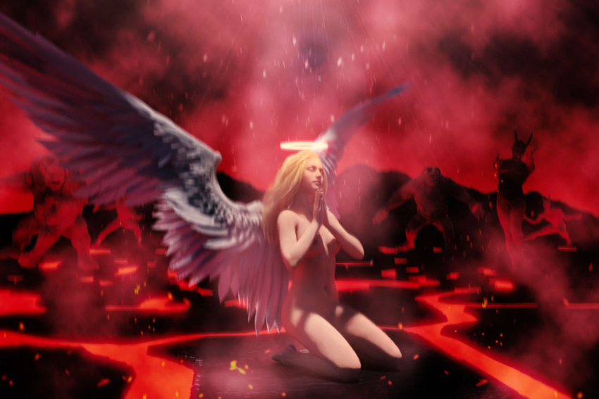 1girls 2020 3d angel angel_wings blonde_hair demon female female_focus group halo hell kneeling long_hair medium_breasts nude nude_female on_knees praying slushe_(website) solo_focus staffofmagic