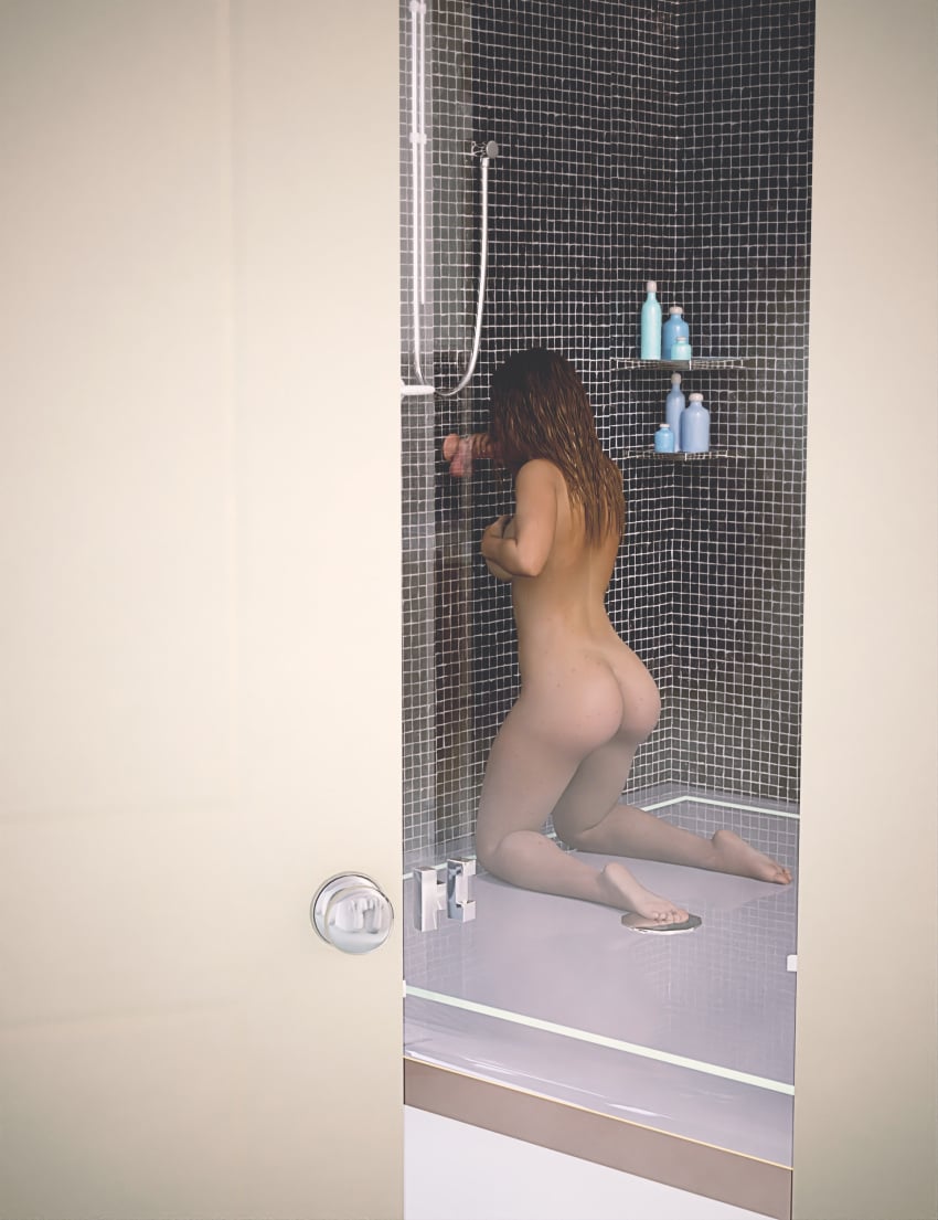 1girls 2020 3d brown_hair dildo dildo_in_mouth dildo_insertion female female_only indoors kneeling large_breasts long_hair nude nude_female on_knees shower slushe_(website) solo solo_female staffofmagic wall_dildo