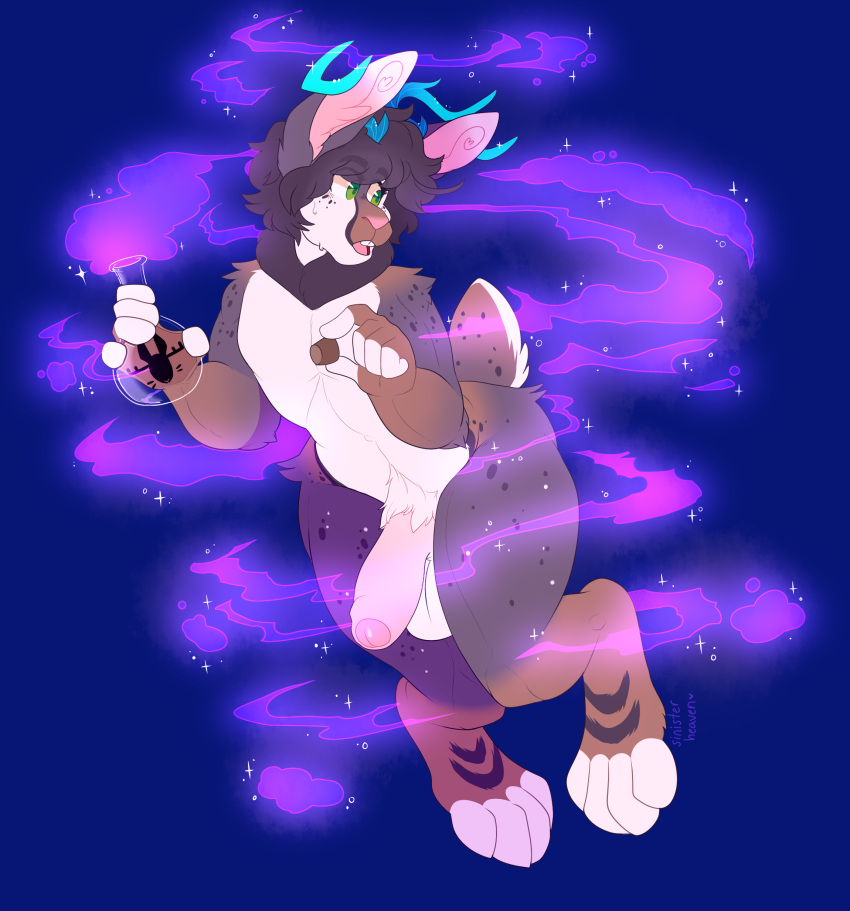 absurd_res anthro antlers balls big_penis blue_antlers brown_body brown_fur brown_hair container cork floating foreskin fur genitals glans glass glass_container green_eyes hair hi_res horn humanoid_genitalia humanoid_penis jackalope lagomorph male male_only mammal neck_tuft nude open_mouth penis pink_glans pink_penis potion_bottle simple_background sinisterheaven smoke solo surprise teeth thick_thighs tongue tuft uncircumcised white_body white_fur