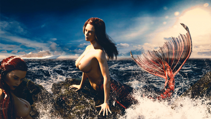 2020 2girls 3d female female_only large_breasts long_hair mermaid multiple_girls nude nude_female outdoor outdoor_nudity outdoors outside slushe_(website) staffofmagic water