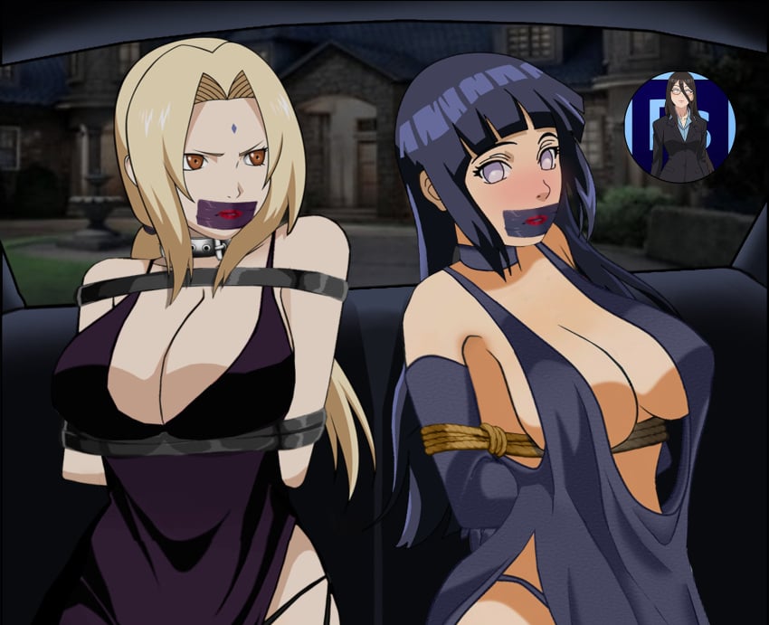 2girls arms_behind_back big_breasts bondage boruto:_naruto_next_generations bossbb41 breasts cleavage collar dress edit female female_only femsub fully_clothed gag gagged hyuuga_hinata milf multiple_girls naruto side-tie_panties tape_bondage tape_gag tsunade