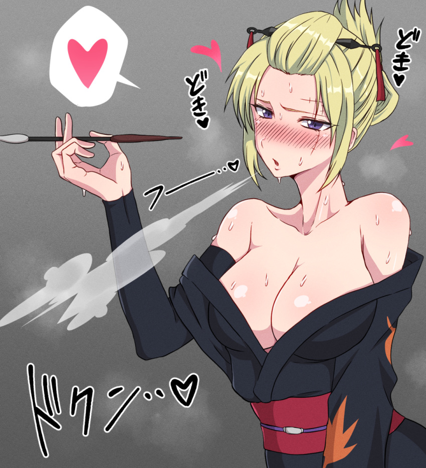 1girls bare_shoulders big_breasts blonde_hair blowing_smoke blush cleavage facial_scar female female_only gintama hair_ornament kimono kiseru kunai kunoichi looking_at_viewer no_bra obi off_shoulder open_kimono pipe purple_eyes scar smoke smoking solo spoken_heart sweat sweaty tied_hair tsukuyo