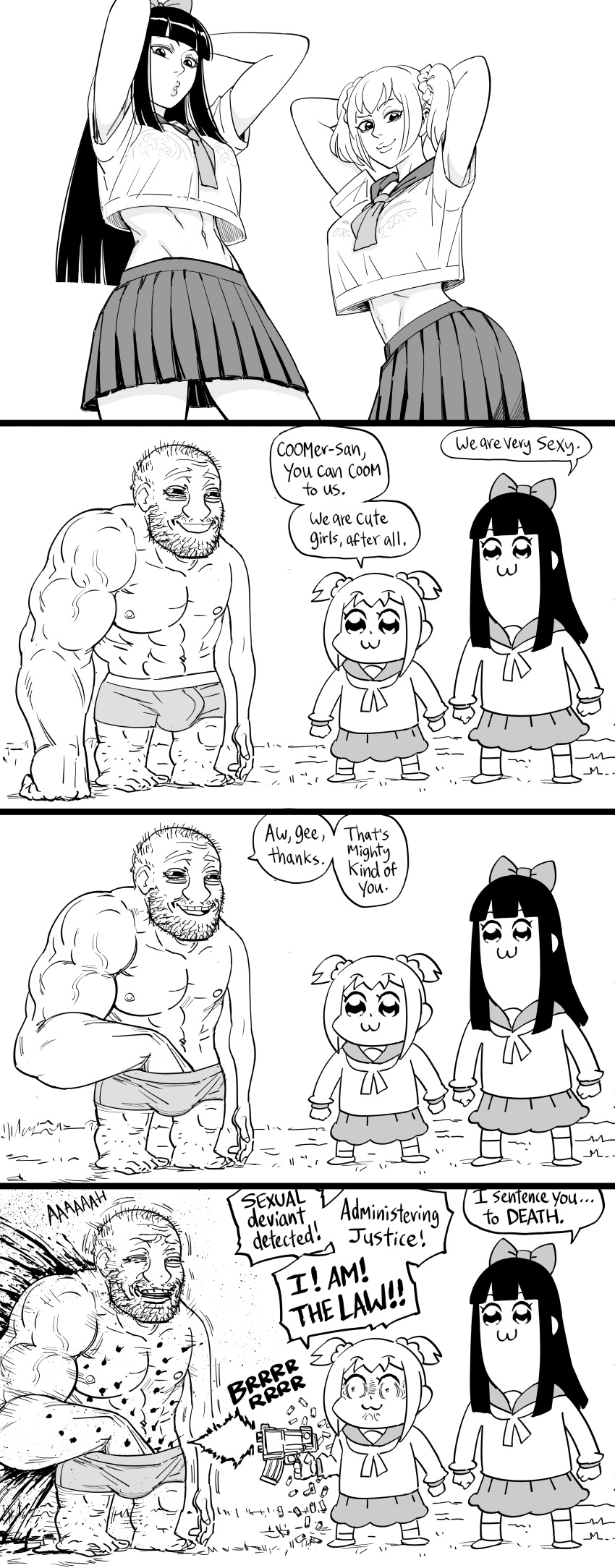 1boy 2girls bb_(baalbuddy) comedy comic coomer female female_focus funny masturbation masturbation_through_clothing meme monochrome muscular partially_clothed pipimi pop_team_epic poptepipic popuko white_background