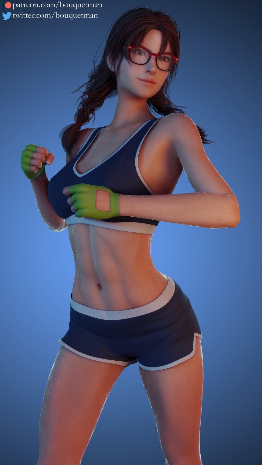 1girls 3d alluring athletic_female bouquetman breasts female female_abs female_only fingerless_gloves fit_female fitness fully_clothed gym_shorts julia_chang namco small_breasts solo sports_bra tekken