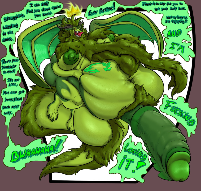 2020 4_toes anthro areola ass balls beard belly big_areola big_balls big_belly big_nipples big_penis biped canid canine canis claws crown desmo_(wolfbear303) dialogue digital_drawing_(artwork) digital_media_(artwork) digitigrade dragon duo english_text facial_hair fangs feet fur genitals ghost glans green_body green_fur green_glans hair hairy hi_res horn huge_cock humanoid_genitalia humanoid_penis hyper hyper_genitalia hyper_penis leoso male male/male mammal moobs navel nipples nude open_mouth overweight overweight_male paws penis possession profanity simple_background smile speech_bubble spirit teeth text thick_thighs toe_claws toes tongue tongue_out wings wolf wolfbear303