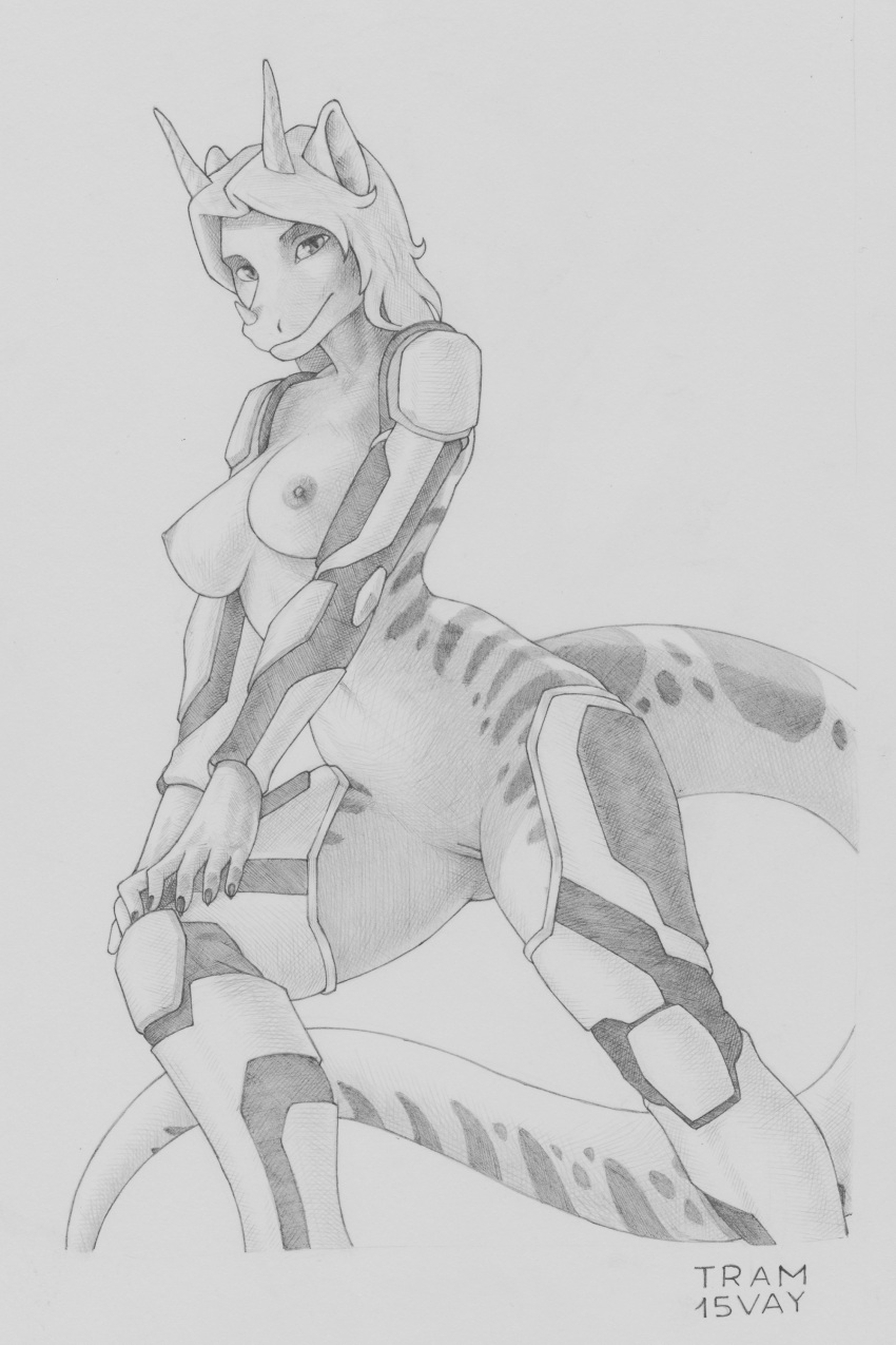 absurd_res anthro armor breasts clothing costume diana_digma dragon facial_horn female genitals hair hi_res horn looking_at_viewer nipples nude pussy scalie simple_background smile solo tram15vay