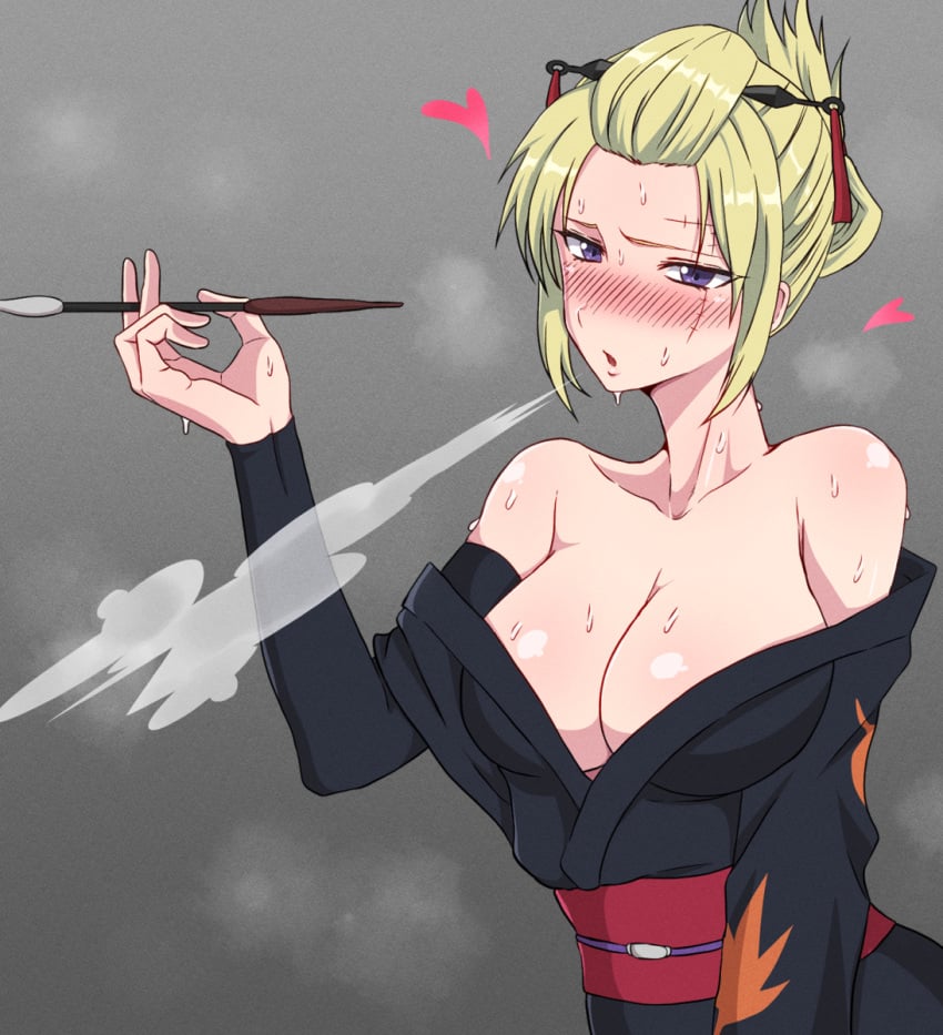 1girls bare_shoulders big_breasts blonde_hair blowing_smoke blush cleavage facial_scar female female_only gintama hair_ornament kimono kiseru kunai kunoichi looking_at_viewer no_bra obi off_shoulder open_kimono pipe purple_eyes scar smoke smoking solo solo_female sweat sweaty tied_hair tsukuyo